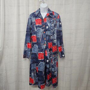 Blue Red Faux Denim Patchwork Bandana Midi Shirt Retro Boho Dress M